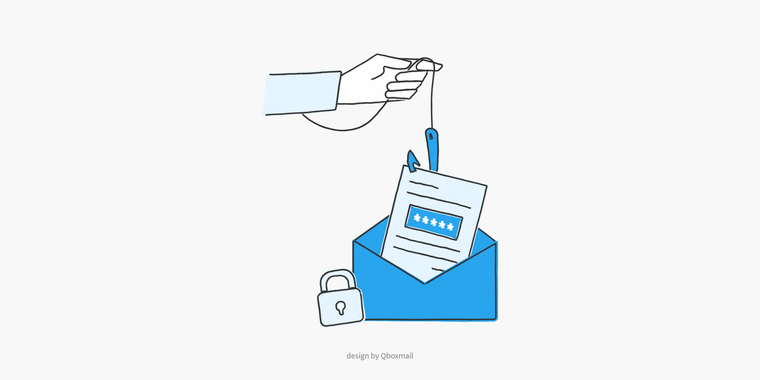 Illustrazione stilizzata che rappresenta un attacco di phishing: una mano tiene una lenza da pesca con un amo che estrae un documento da una busta blu. Il documento mostra un campo con asterischi, simbolo di una password. Accanto alla busta c'è un'icona di lucchetto, a simboleggiare la sicurezza delle informazioni