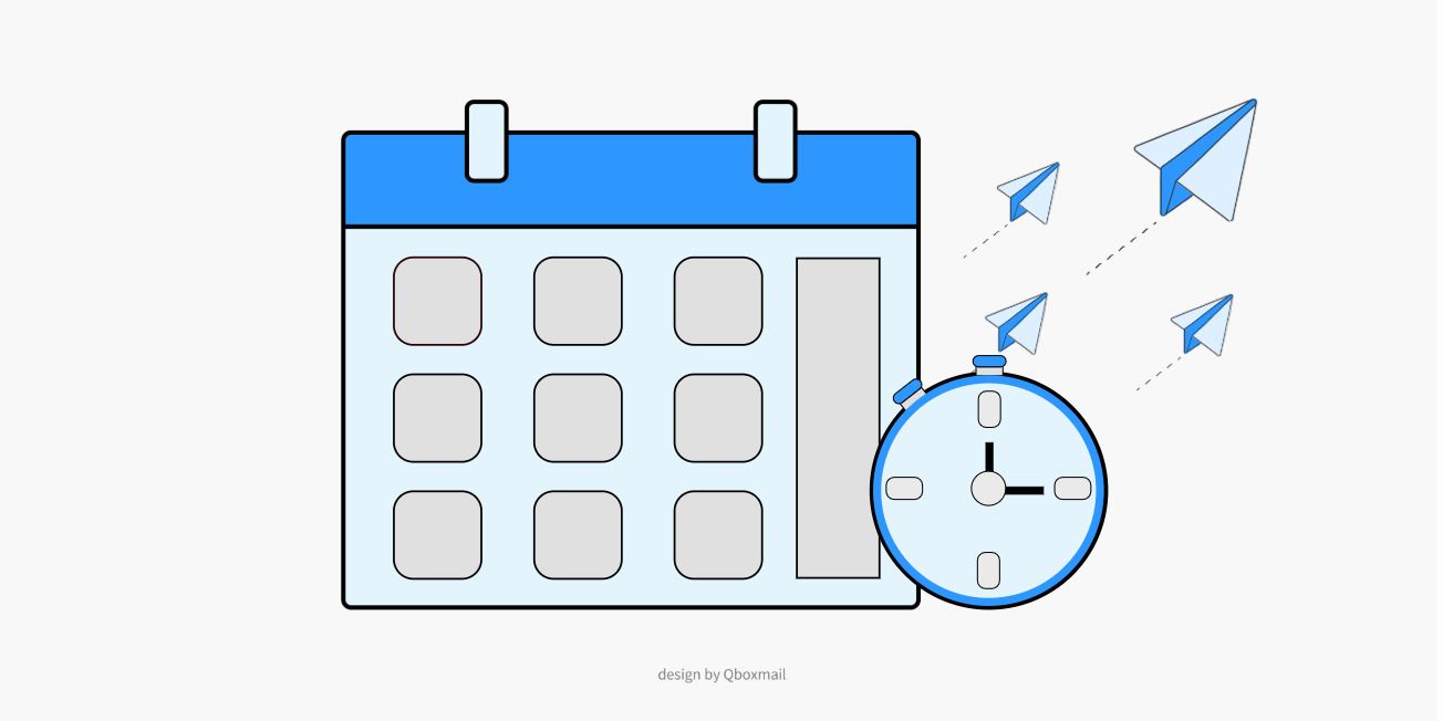 Illustrazione di un calendario con un cronometro e aeroplanini di carta in volo. Rappresentazione della gestione del tempo e della programmazione delle comunicazioni. Design by Qboxmail.