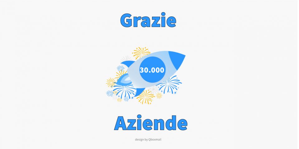 Illustrazione di un razzo con la scritta '30.000' per ringraziare le aziende, con fuochi d'artificio sullo sfondo