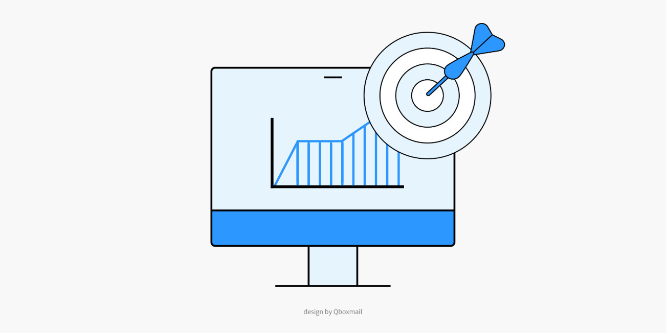 Illustrazione di un computer con un grafico in crescita sullo schermo e un bersaglio con una freccia al centro. Simbolo di precisione e successo nell'analisi dei dati. Design by Qboxmail.