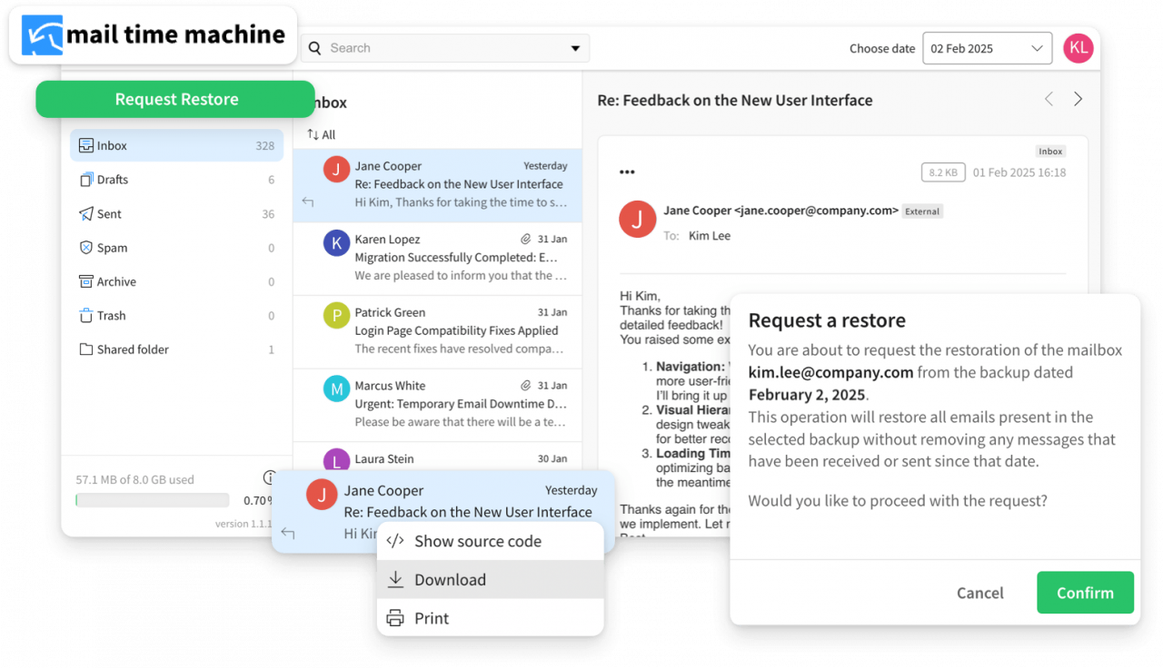 Interfaccia dell'applicazione 'Mail Time Machine' che mostra una casella di posta elettronica con diverse email.